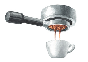 Espresso shot from coffee machine . Watercolor hand drawn illustration isolated on white background