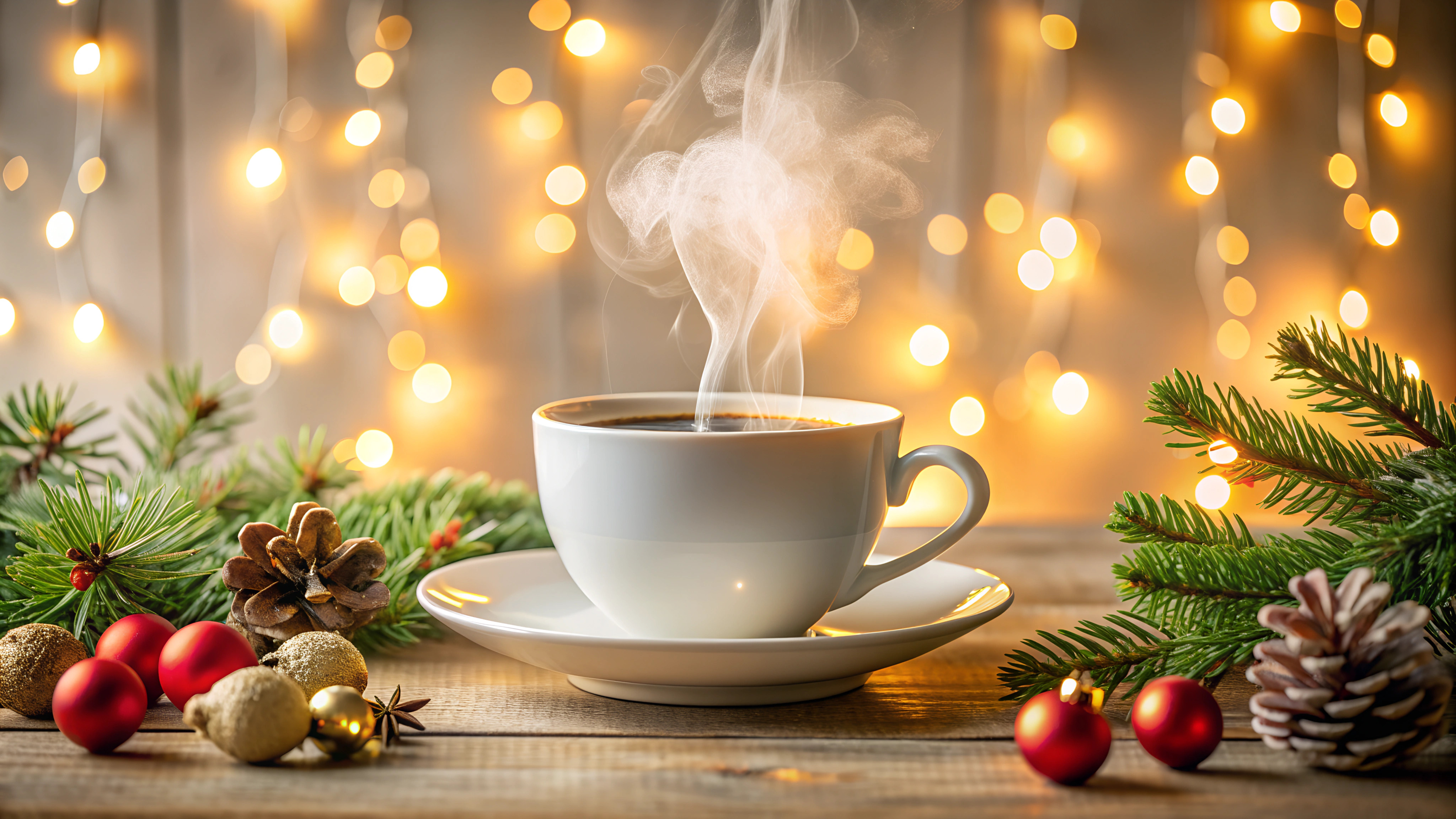 Cozy cup of coffee with festive decor and Christmas lights / Svetlanamax - stock.adobe.com