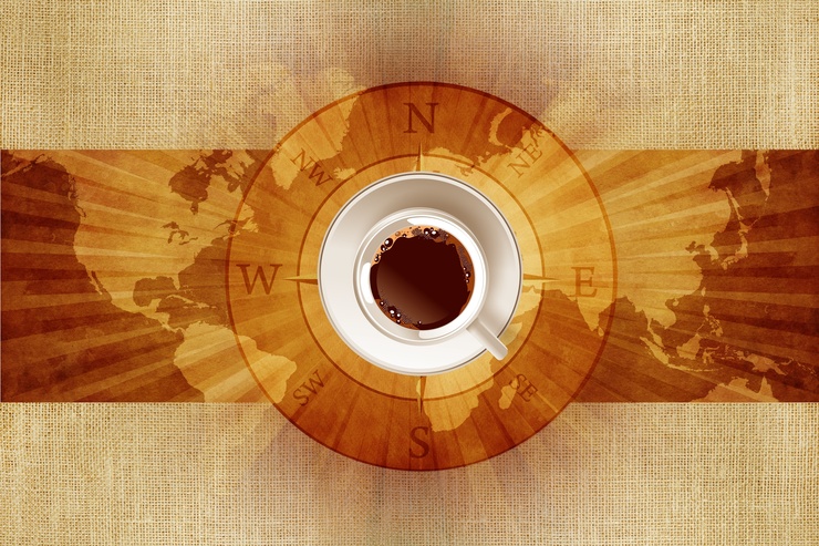 World of Coffee Concept Illustration with World Map, Canvas and Coffee Cup on Compass Rose.