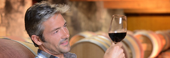 Winemaker checking red wine quality in wine cellar